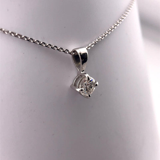 Diamond necklace with 0.34ct round natural brilliant cut diamond set in a simple 4 claw pendent in 18ct white gold including a 18'' white gold chain.