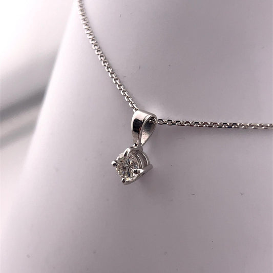 Diamond necklace with 0.34ct round natural brilliant cut diamond set in a simple 4 claw pendent in 18ct white gold including a 18'' white gold chain.