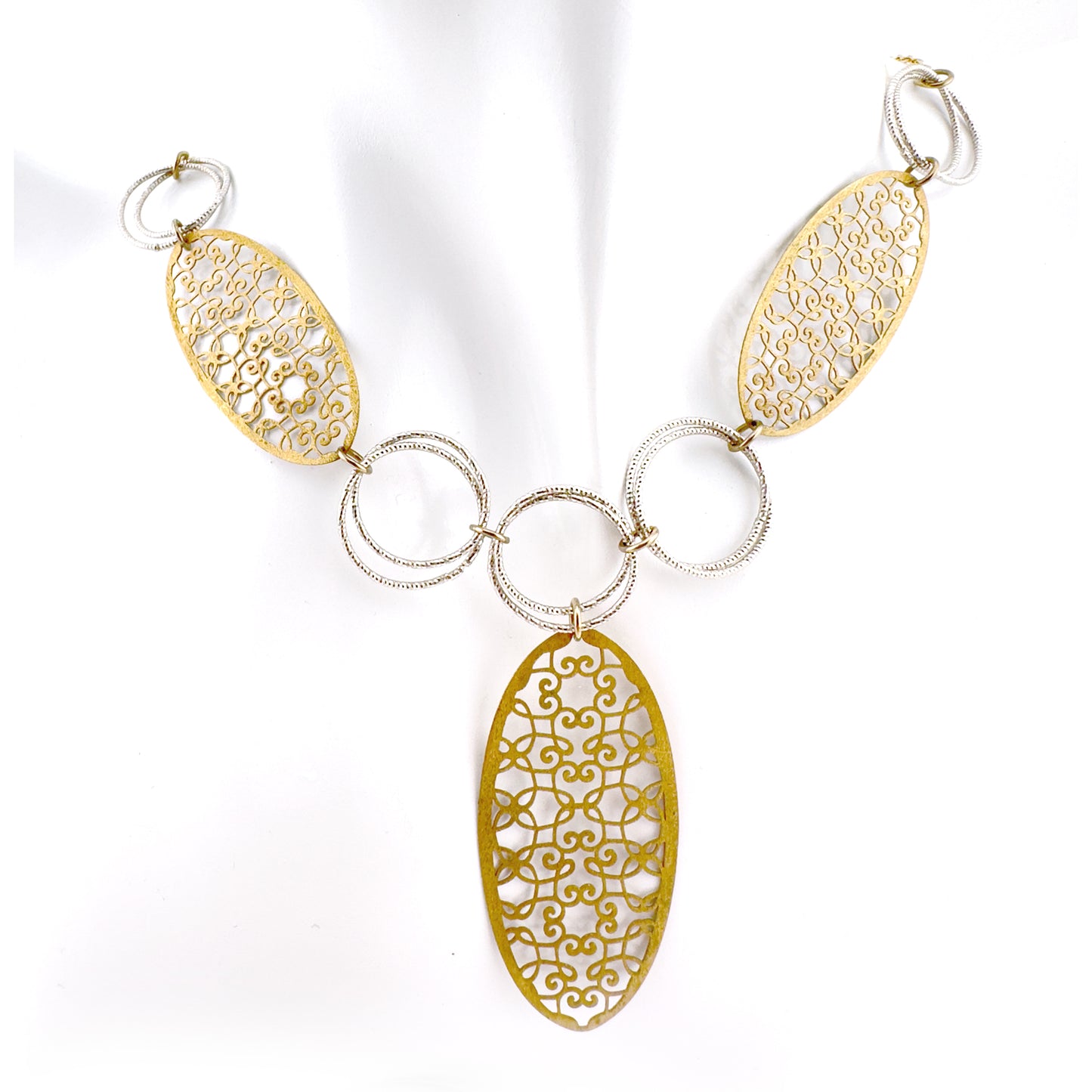 Italian wafer necklace, 9ct yellow gold with satin finish, white gold rings and chain