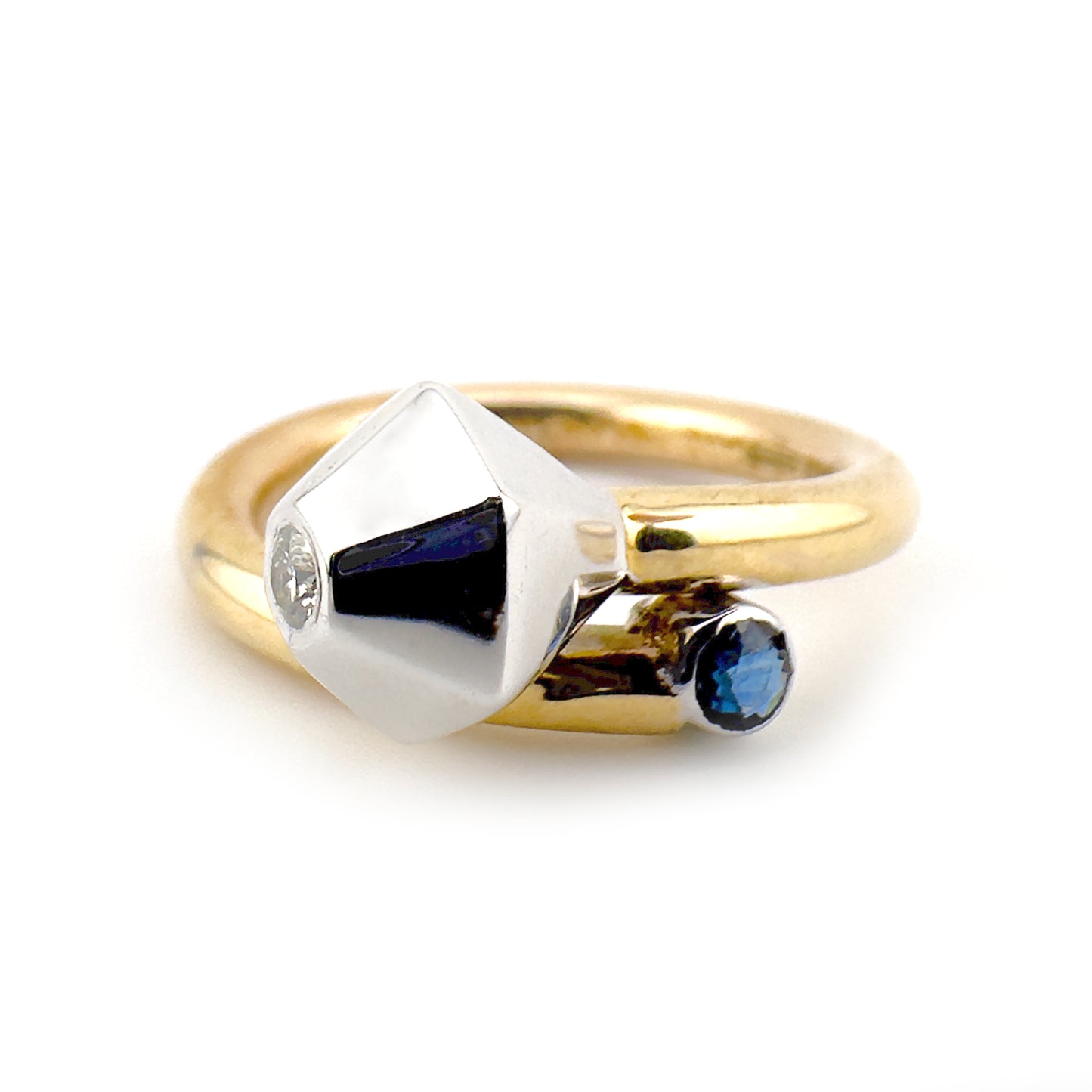 Tilted diamond and sapphire crossover Icon ring, 9ct yellow and white gold